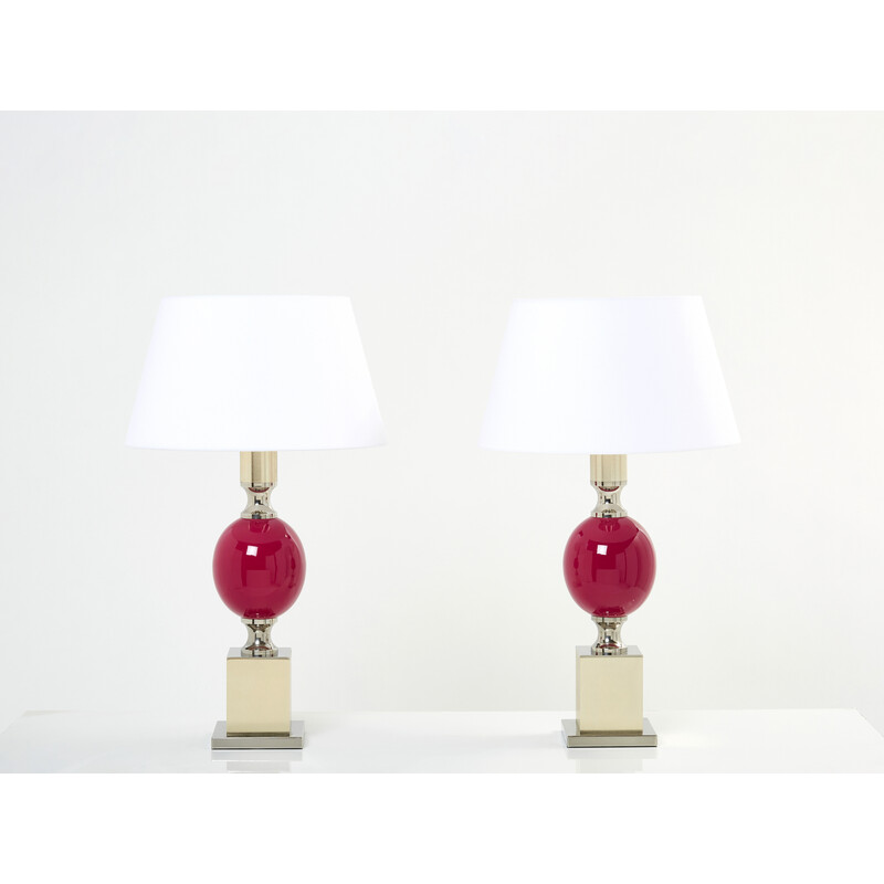 Pair of vinage lamps in ceramic, chrome and brass by Philippe Barbier, 1970