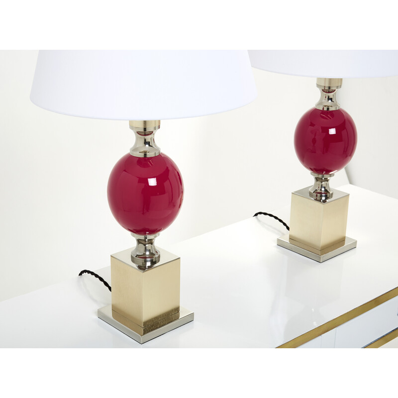 Pair of vinage lamps in ceramic, chrome and brass by Philippe Barbier, 1970