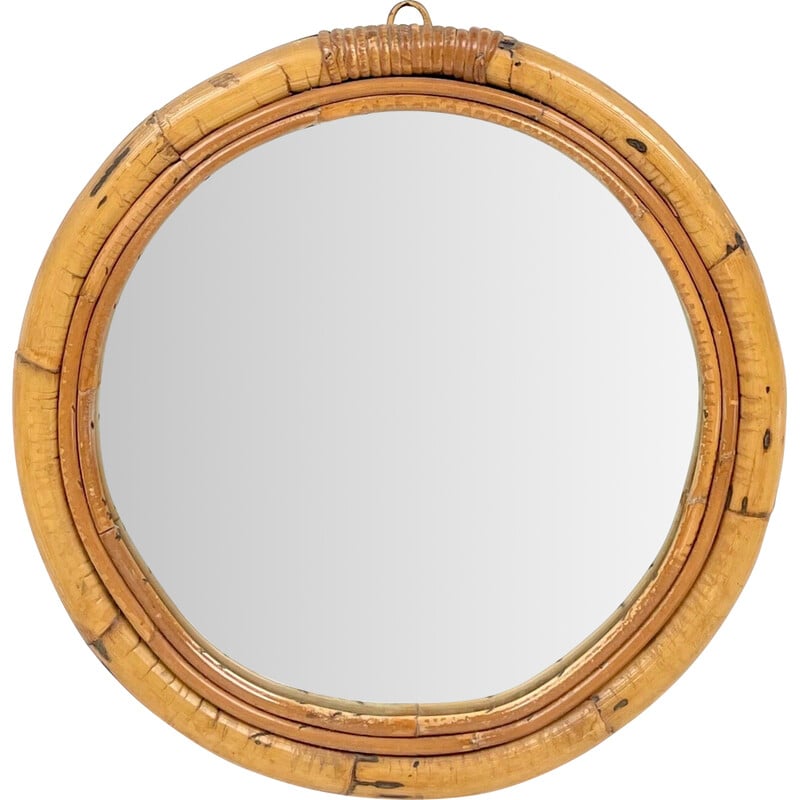 Miroir rond vintage en bambou, Italie 1960