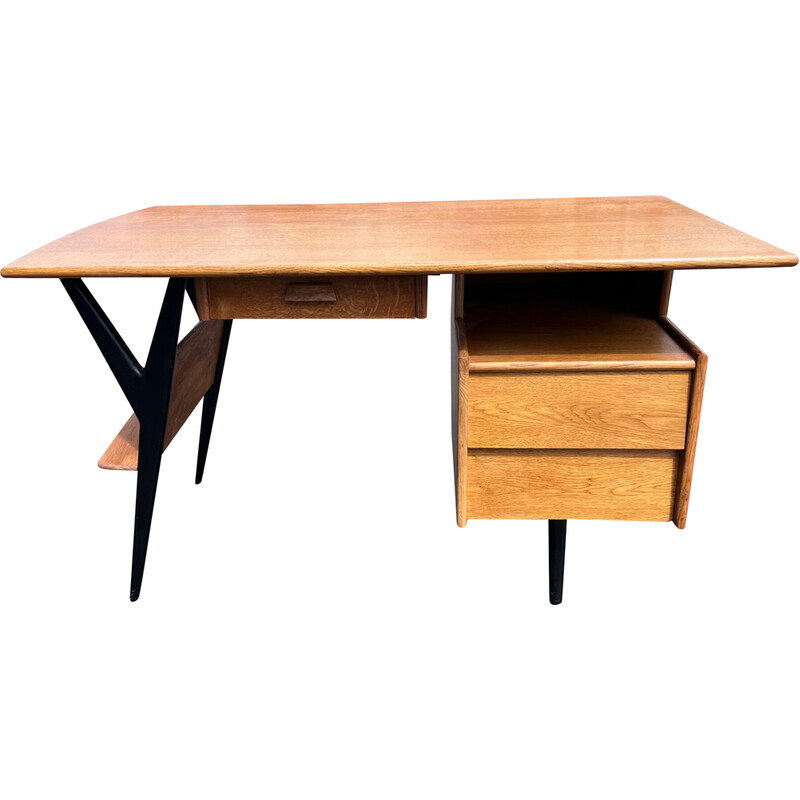 Vintage solid oak desk by Louis Paolozzi for Guermonprez, 1950s
