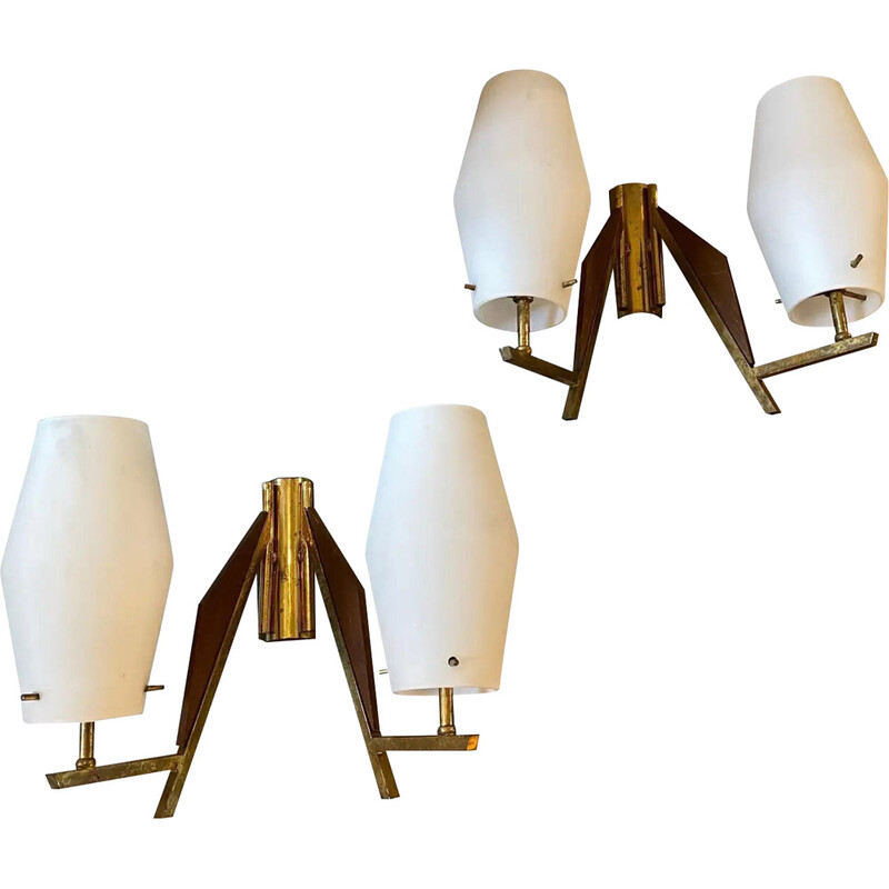 Pair of mid-century teak, brass and glass Italian wall lamps, 1960s
