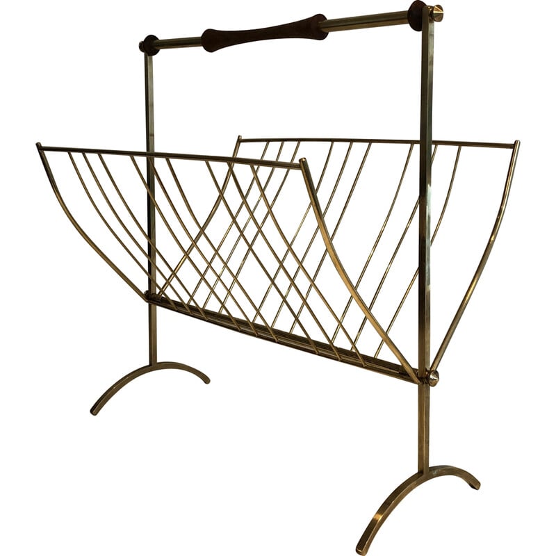 Vintage brass and wood magazine rack, 1960