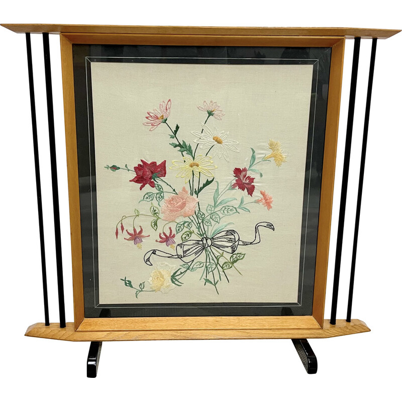 Mid century oak fire screen with embroidery, 1950s