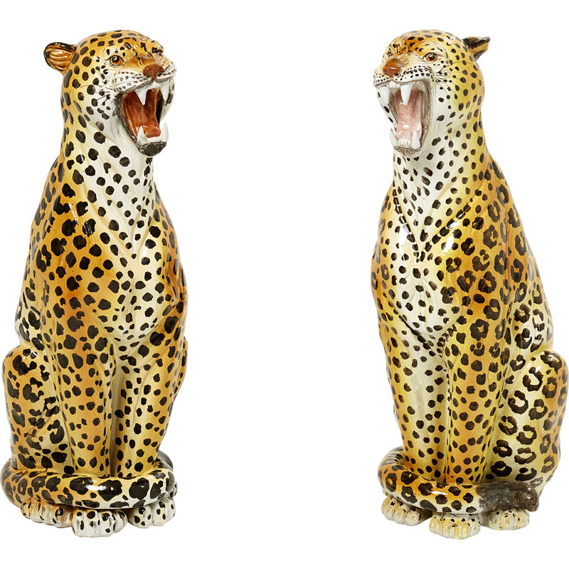 Coppia di sculture vintage di leopardi femminili e maschili in ceramica, 1960