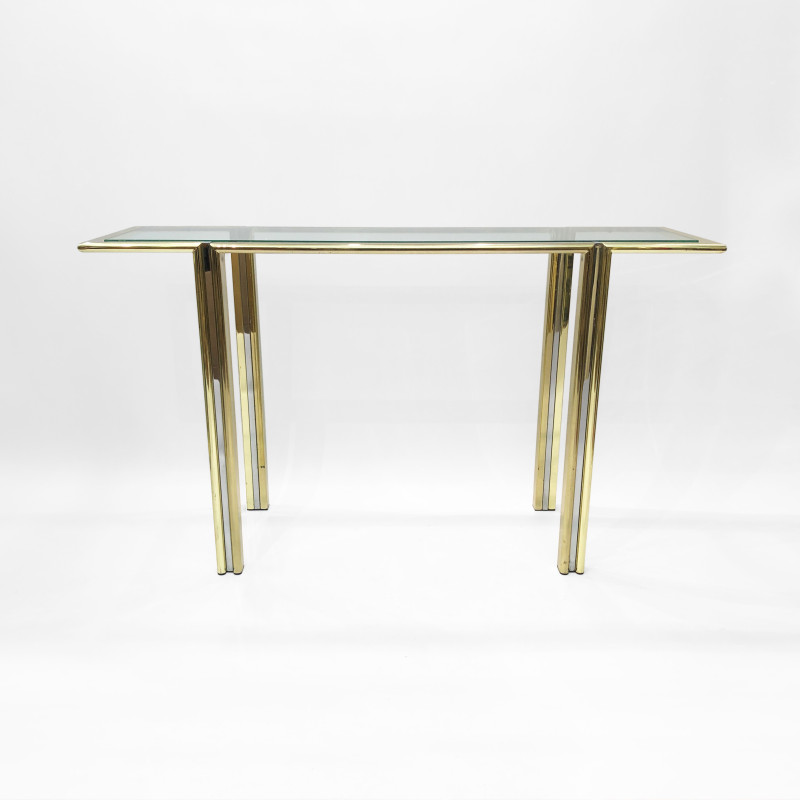 Vintage Hollywood Regency console in chrome and brass by Romeo Rega, 1970s
