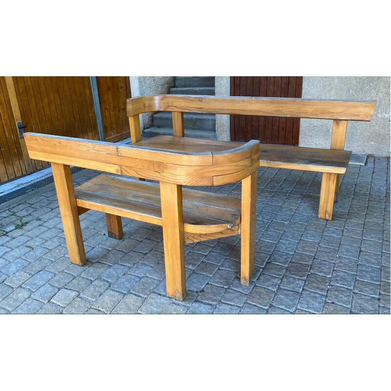 Pair of vintage S35 solid elmwood benches by Pierre Chapo, 1960