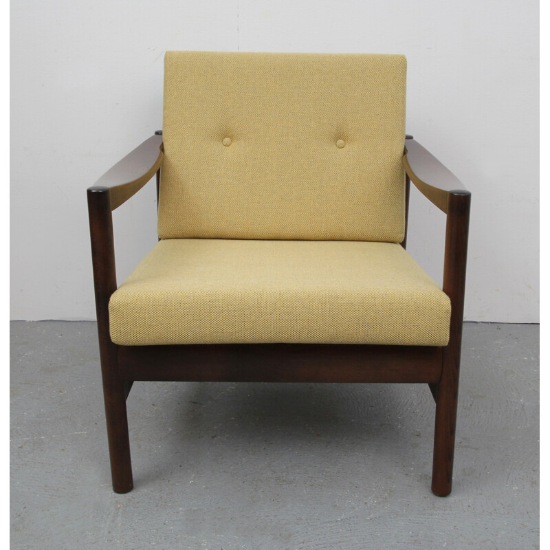 Vintage gele notenhouten fauteuil - 1960