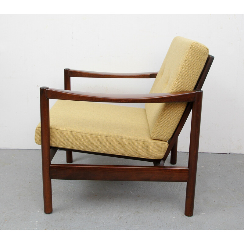 Mid-century walnut armchair in yellow - 1960s