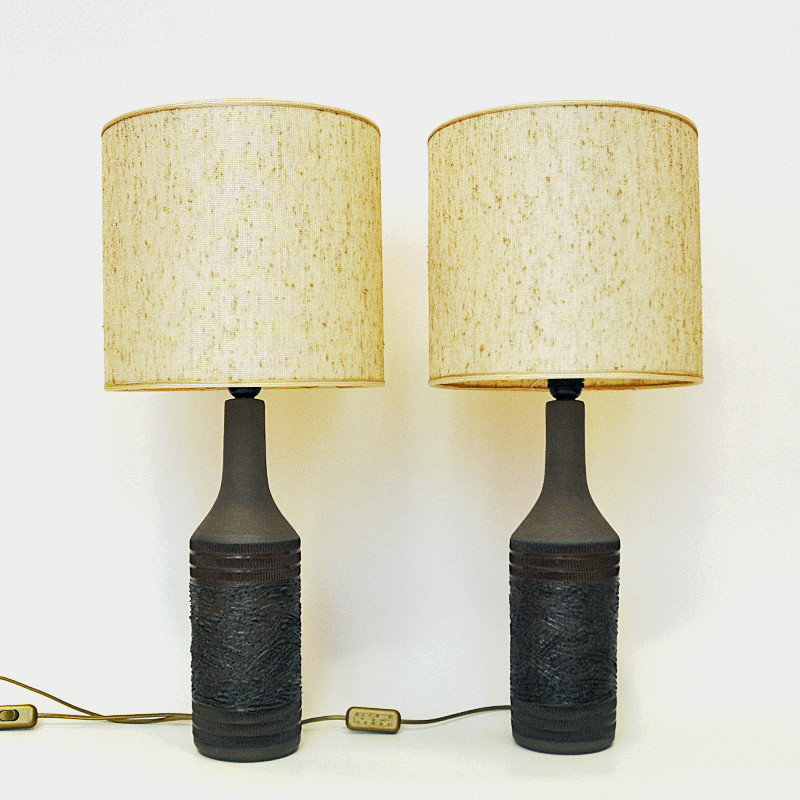 Pair of vintage brown ceramic handmade table lamps by Nila Keramik, Sweden 1970s