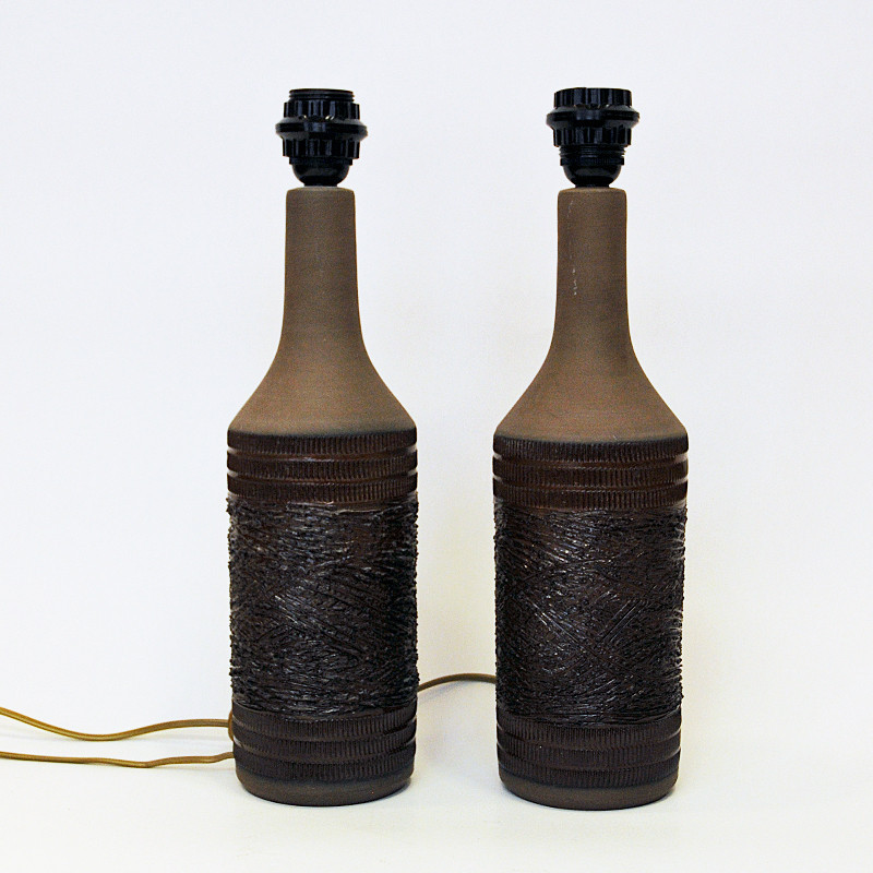 Paire de lampes de table vintage en céramique brune fabriquée à la main par Nila Keramik, Suède 1970