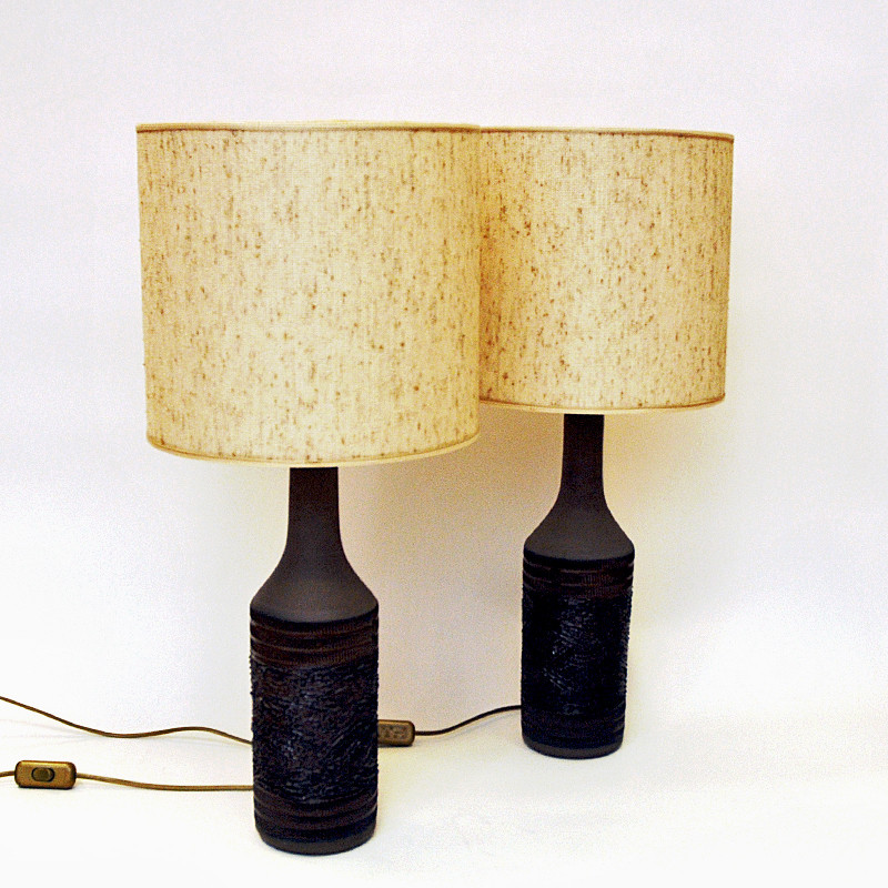 Paire de lampes de table vintage en céramique brune fabriquée à la main par Nila Keramik, Suède 1970
