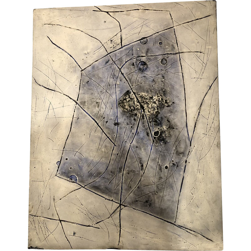 Cuadro abstracto vintage en técnica mixta sobre panel de Renaud Goyon, 1980