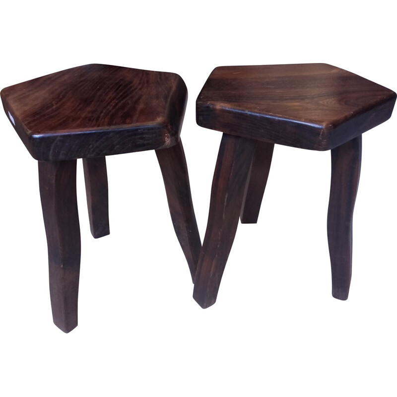 Set of 2 rustic wood stools - 1960s