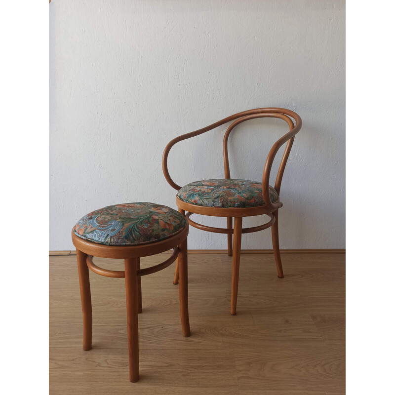 Vintage wooden armchair and stool by Thonet for Zpm Radomsko, 1950