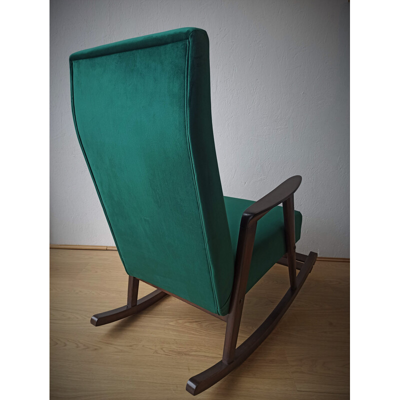Chaise à bascule vintage en bois avec rembourrage, 1950