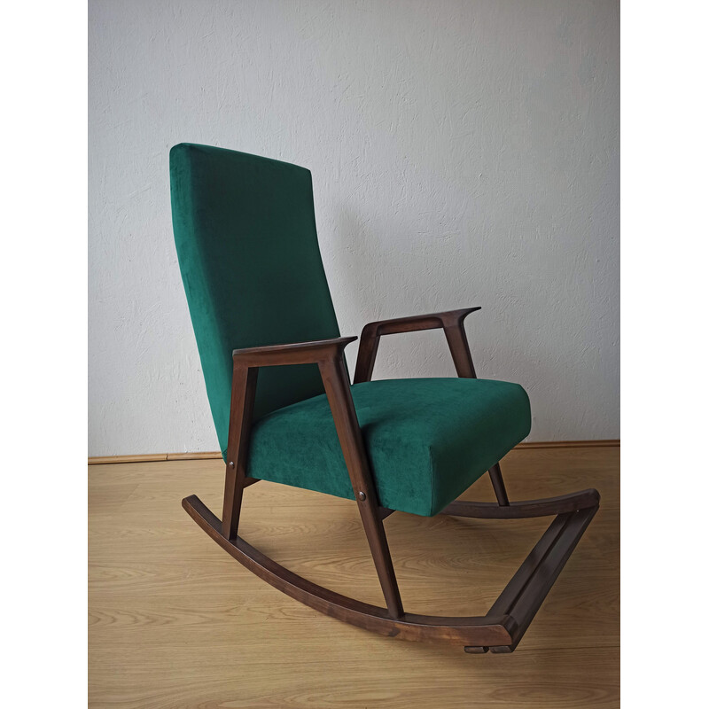 Cadeira de baloiço de madeira Vintage com estofos, 1950