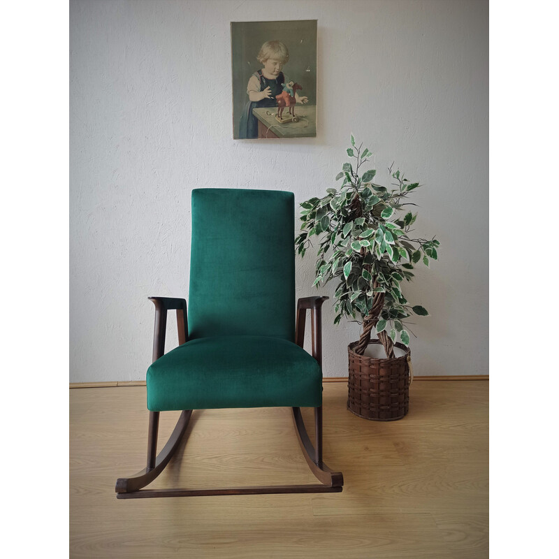 Vintage wood rocking chair with upholstery, 1950s