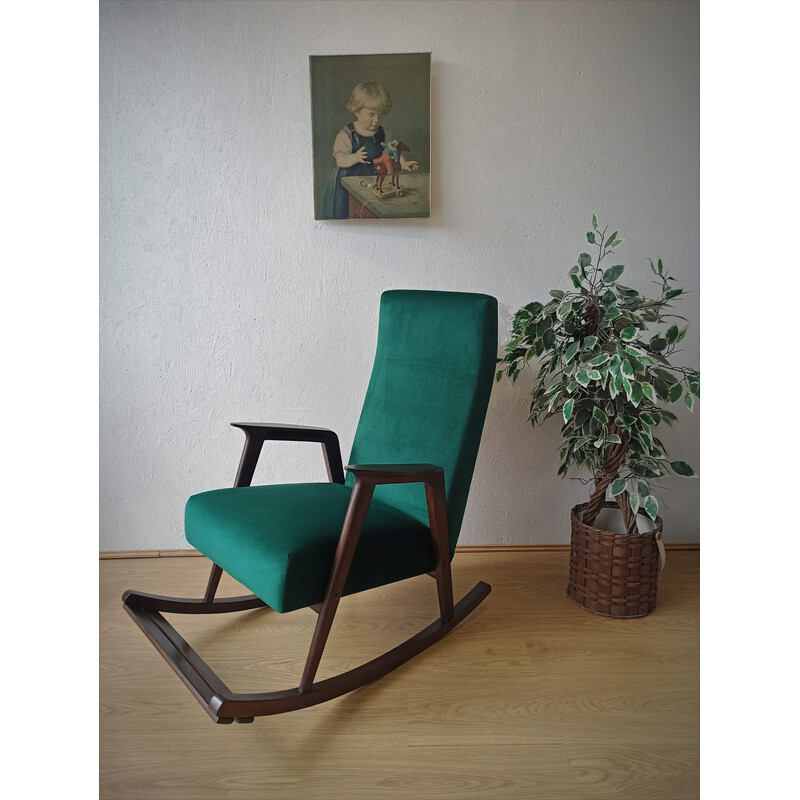 Silla mecedora vintage de madera con tapicería, 1950