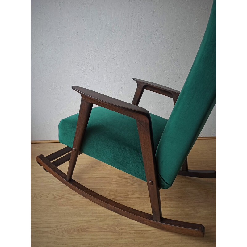 Silla mecedora vintage de madera con tapicería, 1950