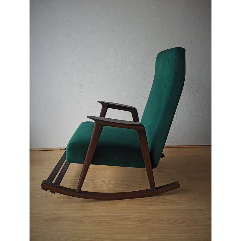 Silla mecedora vintage de madera con tapicería, 1950