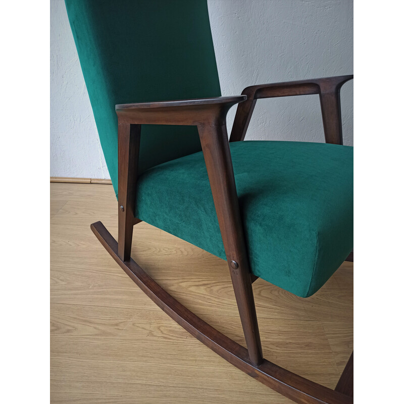 Vintage houten schommelstoel met bekleding, 1950