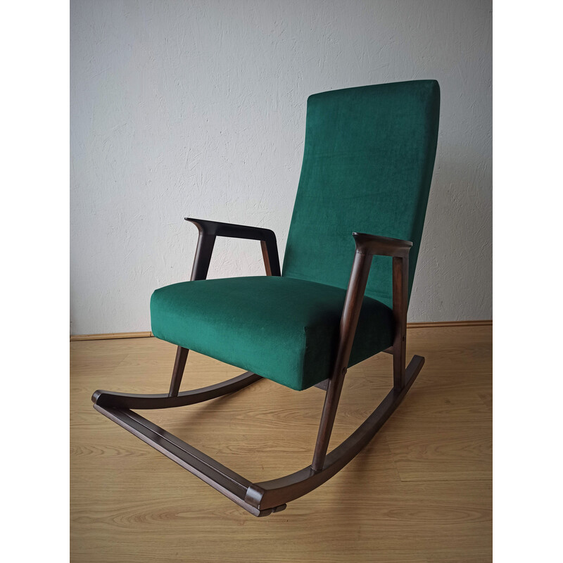 Vintage houten schommelstoel met bekleding, 1950