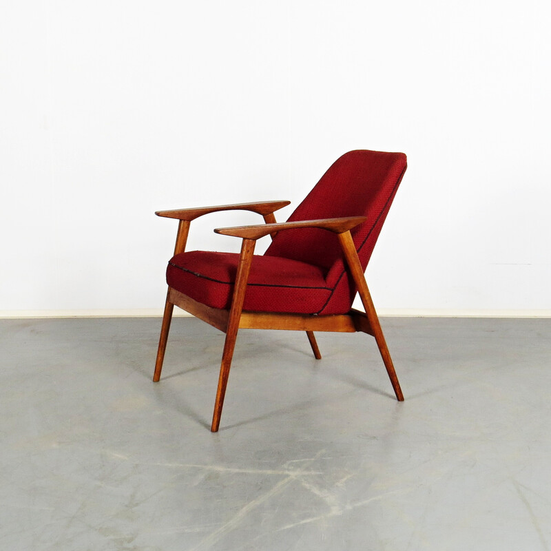 Vintage houten en stoffen fauteuil, 1960