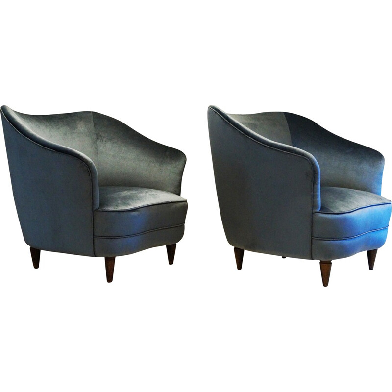 Pair of Italian mid-century blue velvet armchairs - 1940s