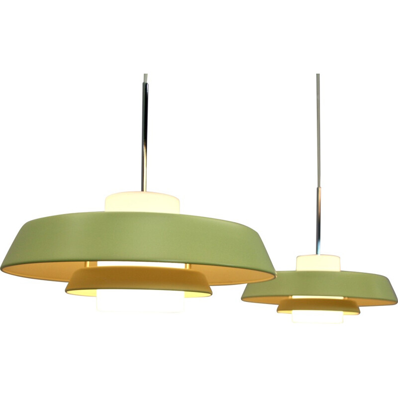 Pair of Danish yellow pendants in aluminum and frosted glass - 1980s