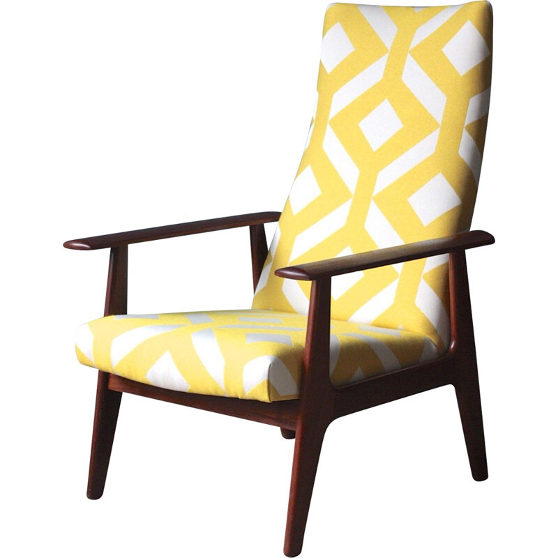 Dutch Topform armchair in teak and white and yellow fabric - 1970s