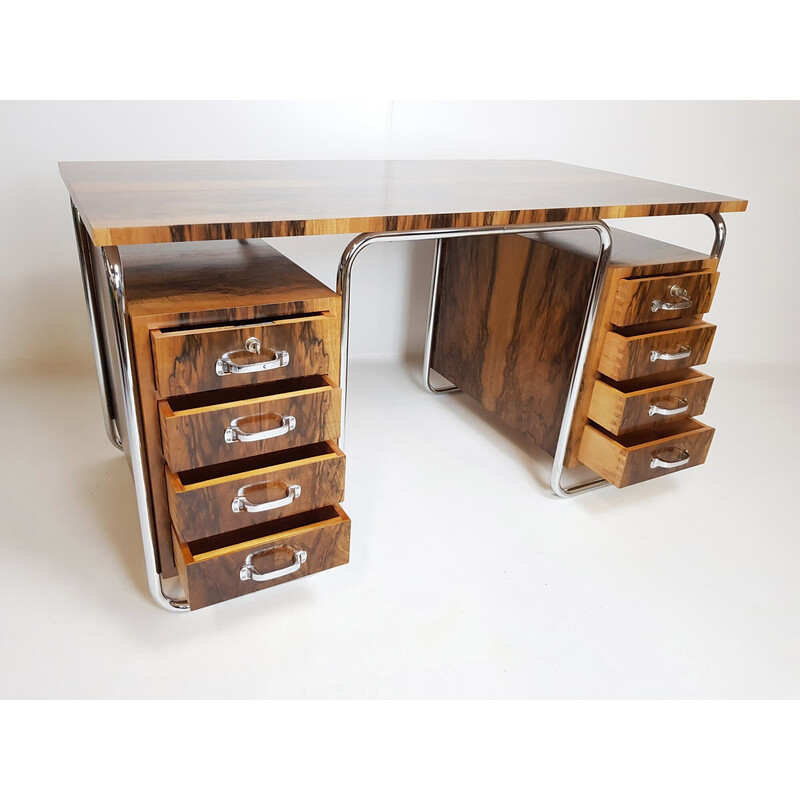 Vintage walnut root and chrome desk by Vichr and Co, 1930s