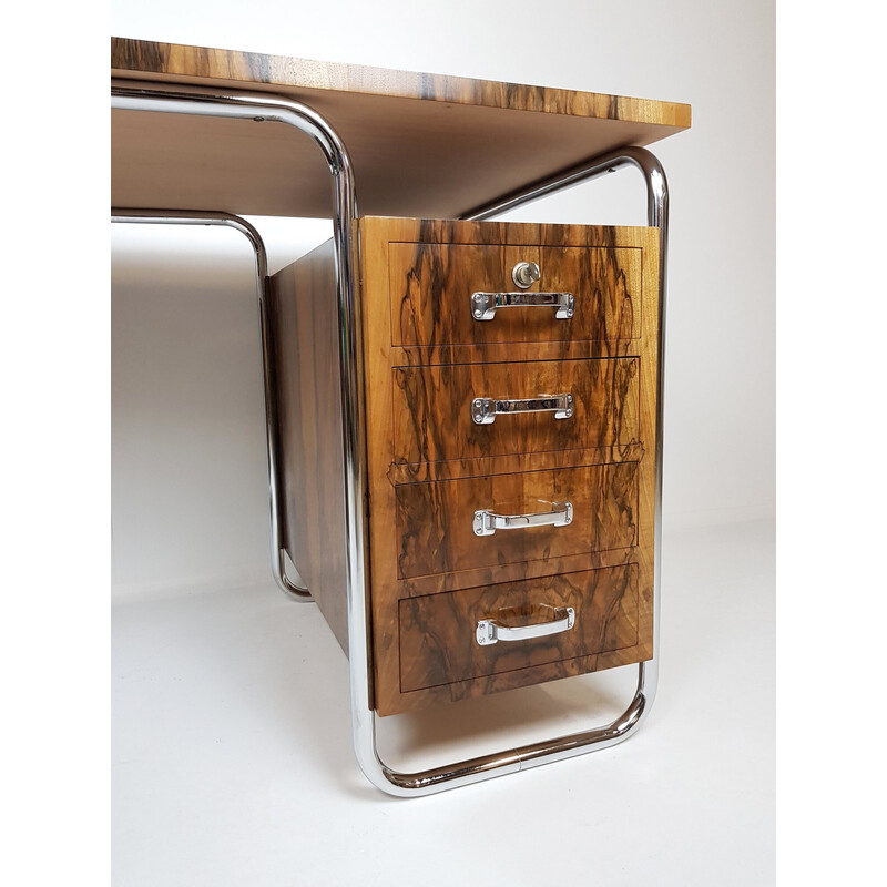 Vintage walnut root and chrome desk by Vichr and Co, 1930s