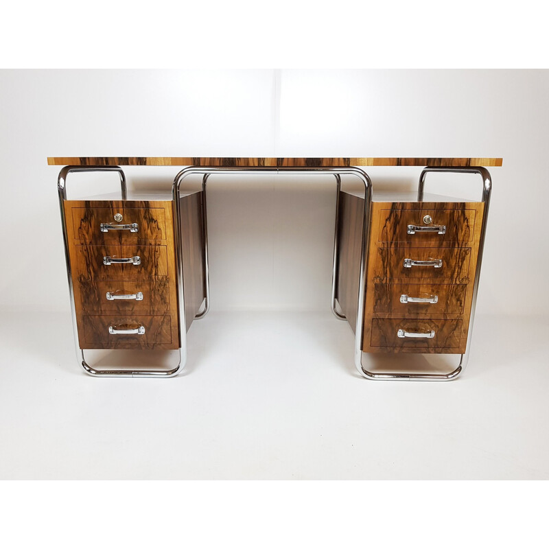 Vintage walnut root and chrome desk by Vichr and Co, 1930s