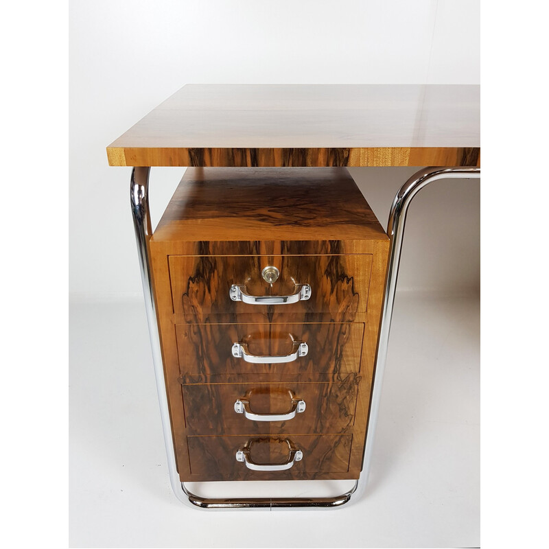 Vintage walnut root and chrome desk by Vichr and Co, 1930s