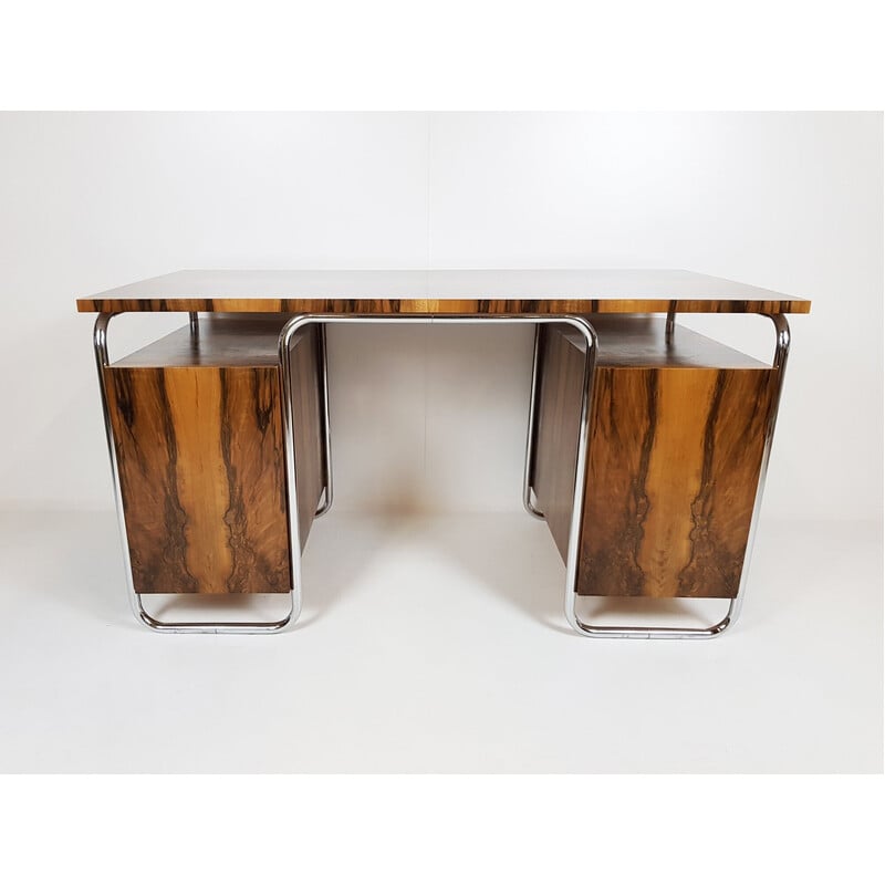 Vintage walnut root and chrome desk by Vichr and Co, 1930s