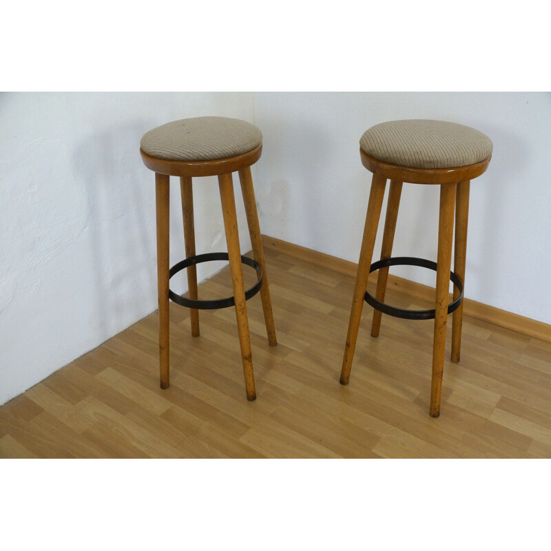Pair of barstools in beech and textile - 1960s