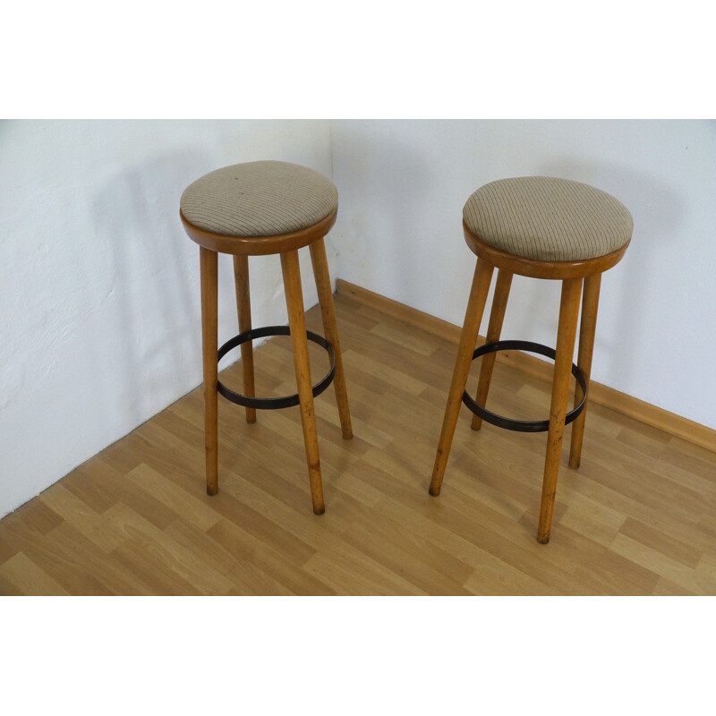 Pair of barstools in beech and textile - 1960s