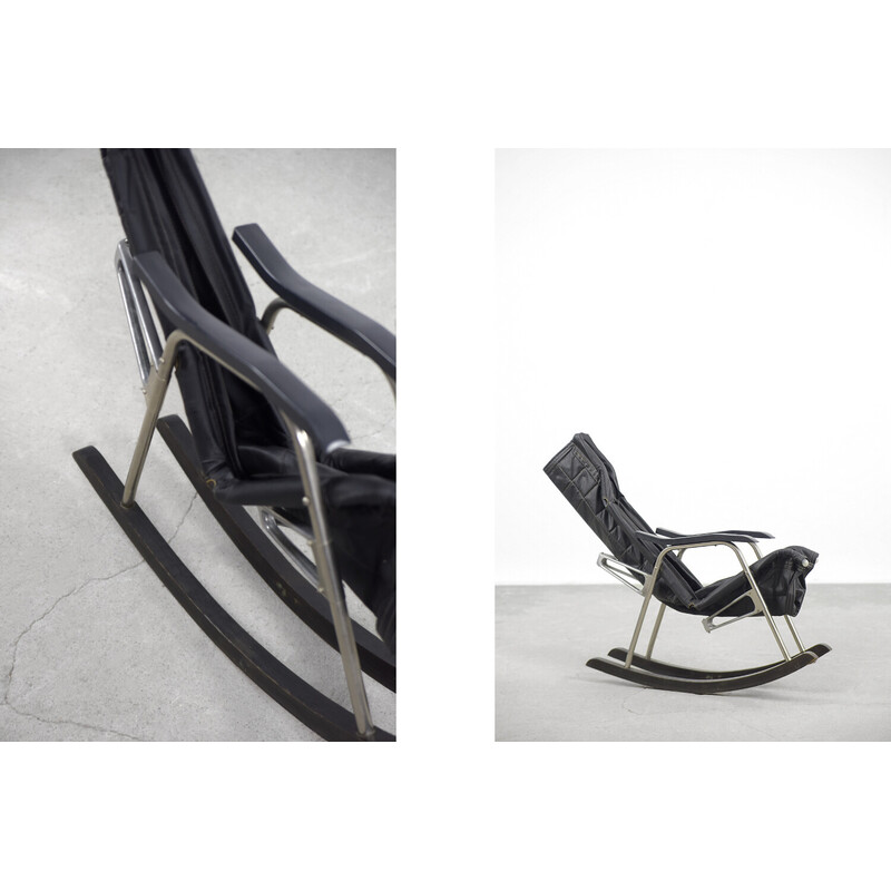 Vintage postmodern black leather rocking chair by Takeshi Nii, 1950s