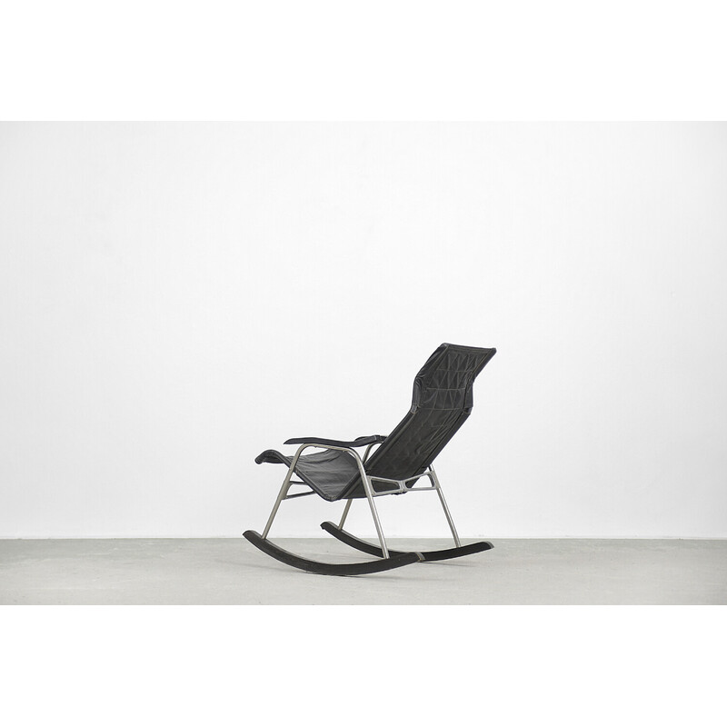 Silla mecedora postmoderna vintage en cuero negro de Takeshi Nii, 1950