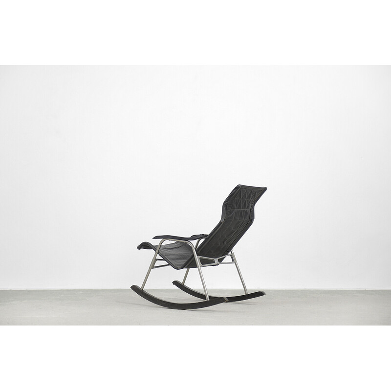 Vintage postmodern black leather rocking chair by Takeshi Nii, 1950s