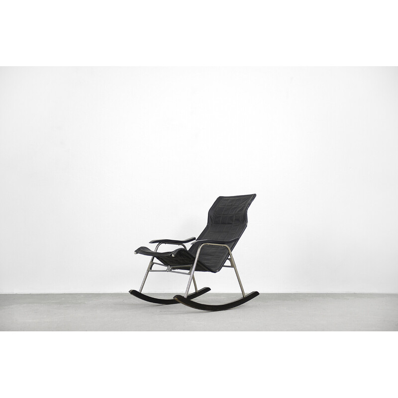 Vintage postmodern black leather rocking chair by Takeshi Nii, 1950s