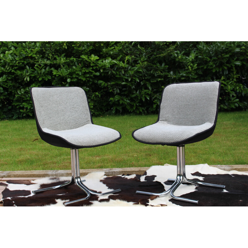 Pair of chromed and grey fabric chairs - 1970s