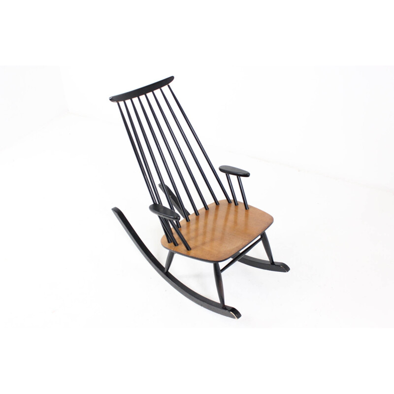 Finnish teak rocking chair in black with flat seating, Varjosen PUUNJALOSTUS - 1960s