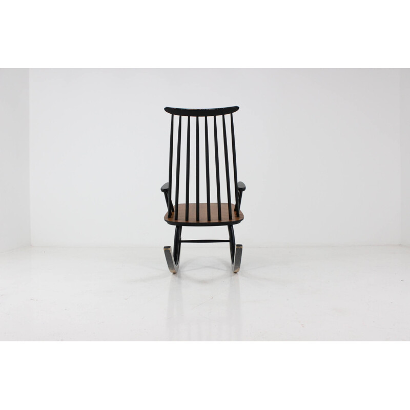 Finnish teak rocking chair in black with flat seating, Varjosen PUUNJALOSTUS - 1960s