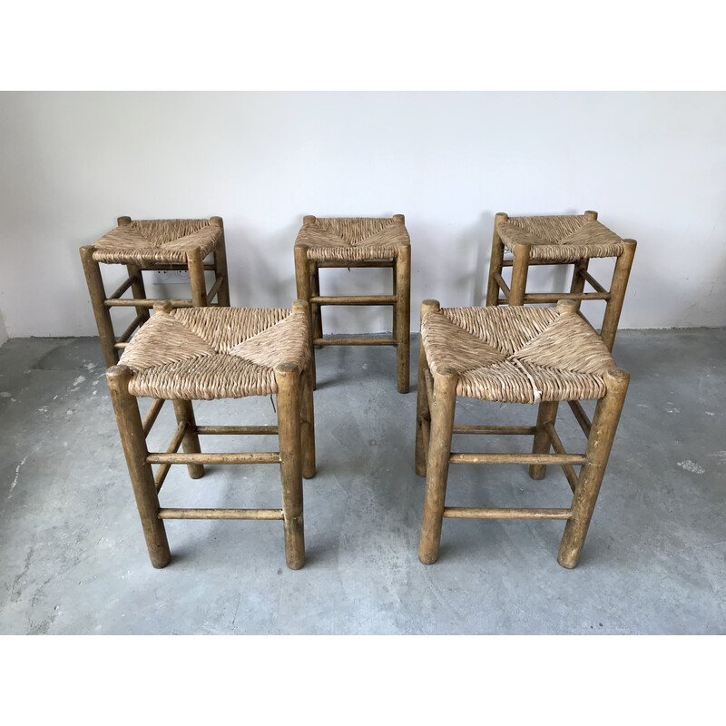 Set of 5 vintage wood and straw stools, 1950