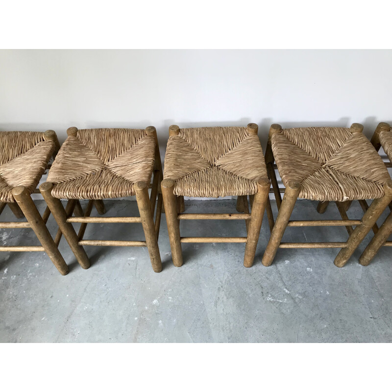 Set of 5 vintage wood and straw stools, 1950