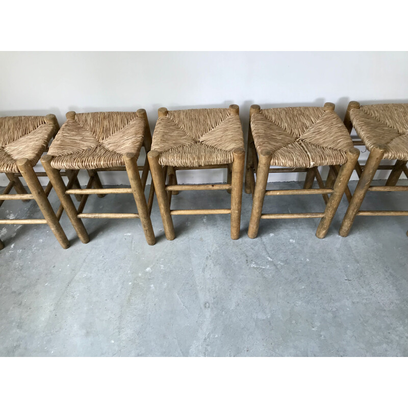 Set of 5 vintage wood and straw stools, 1950