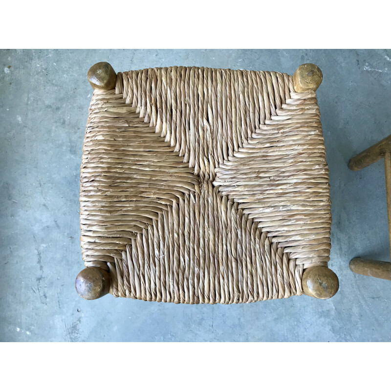 Set of 5 vintage wood and straw stools, 1950