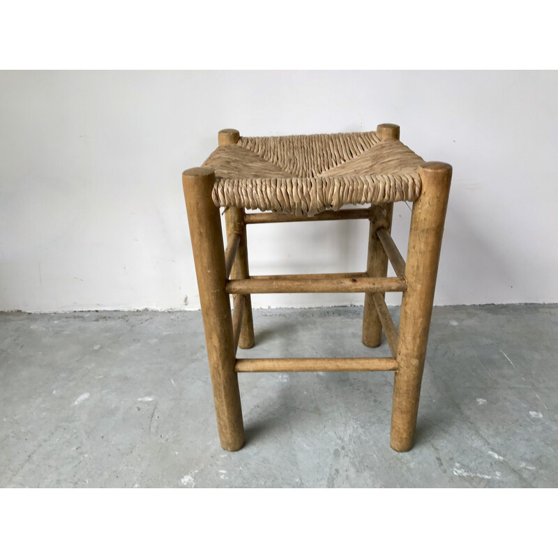 Set of 5 vintage wood and straw stools, 1950