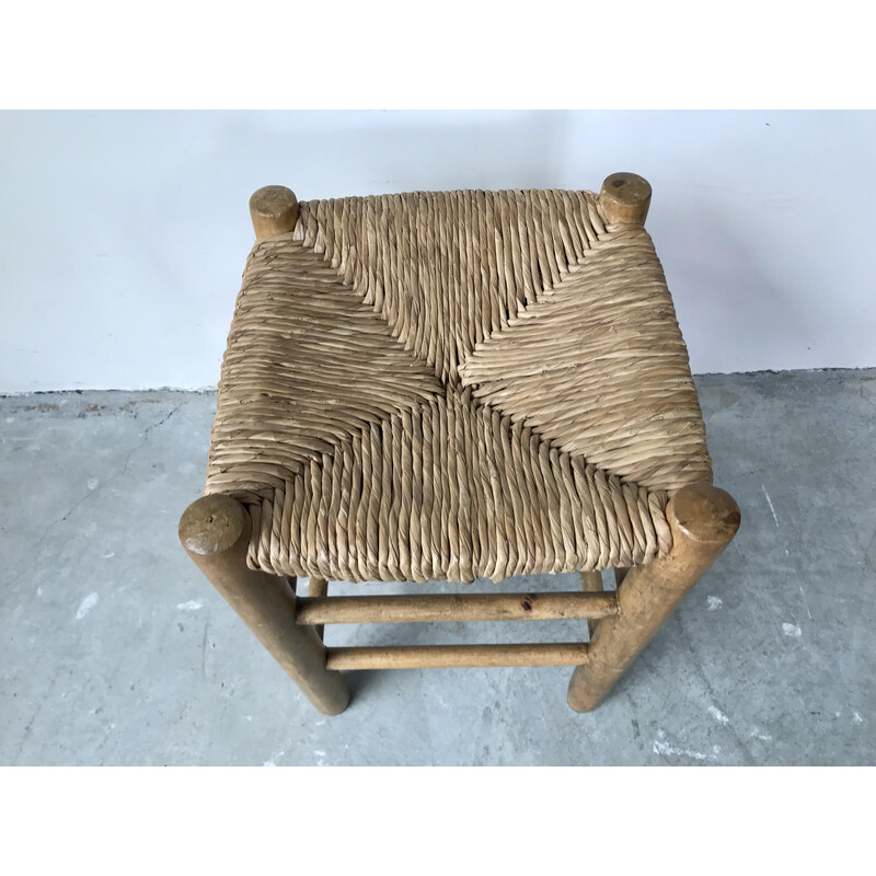 Set of 5 vintage wood and straw stools, 1950